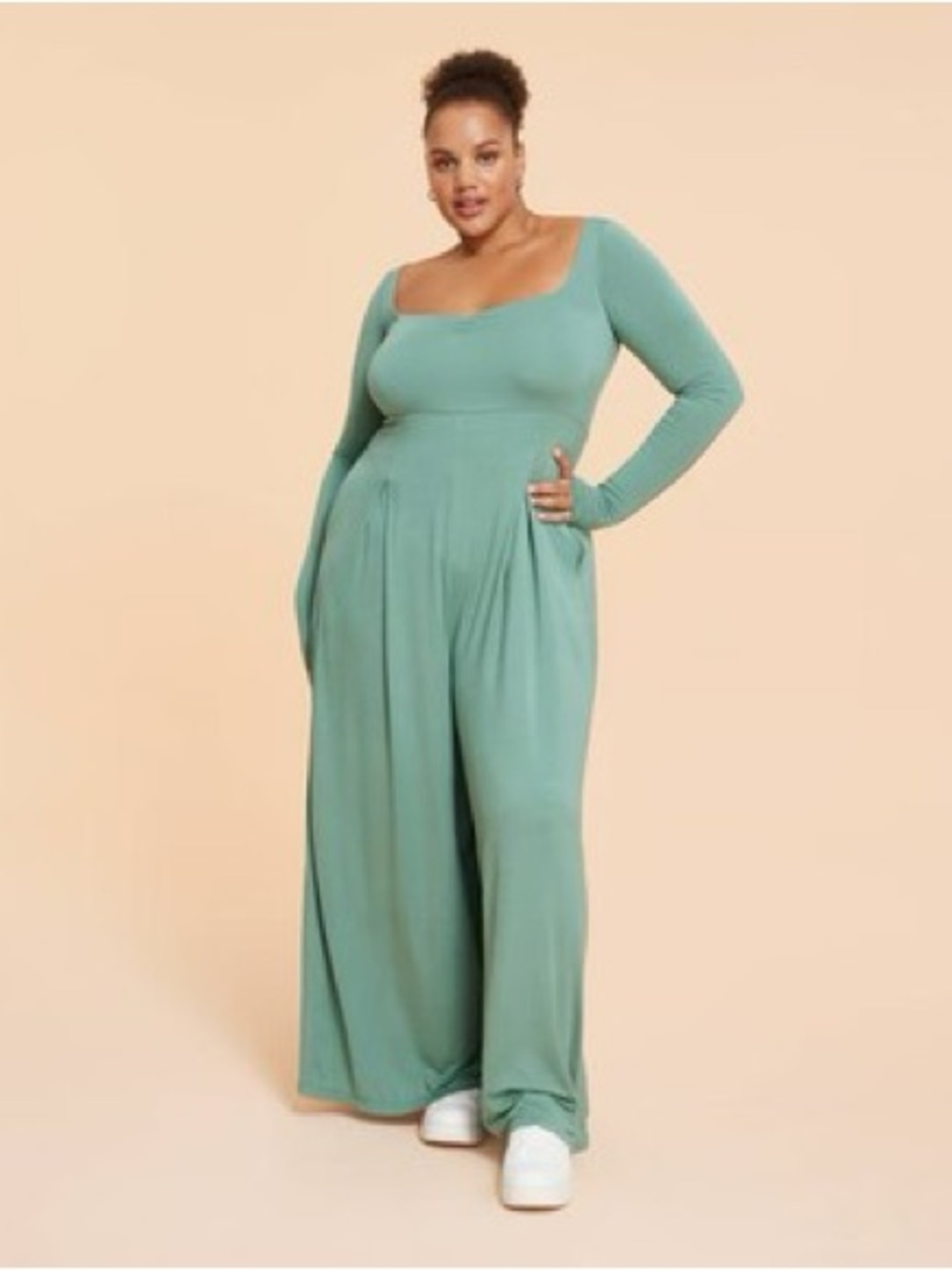 Plus Size Green Long Sleeve Wide-Leg Blogilates Jumpsuit 2X